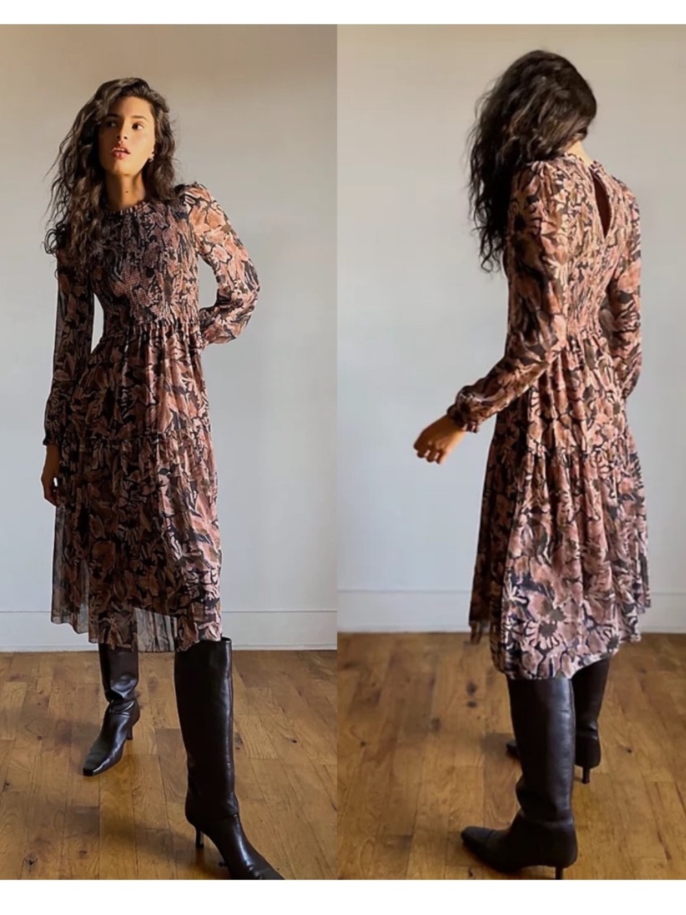 Aritzia Wilfred Rosalyn Long Sleeve Smocked Tiered Midi Dress